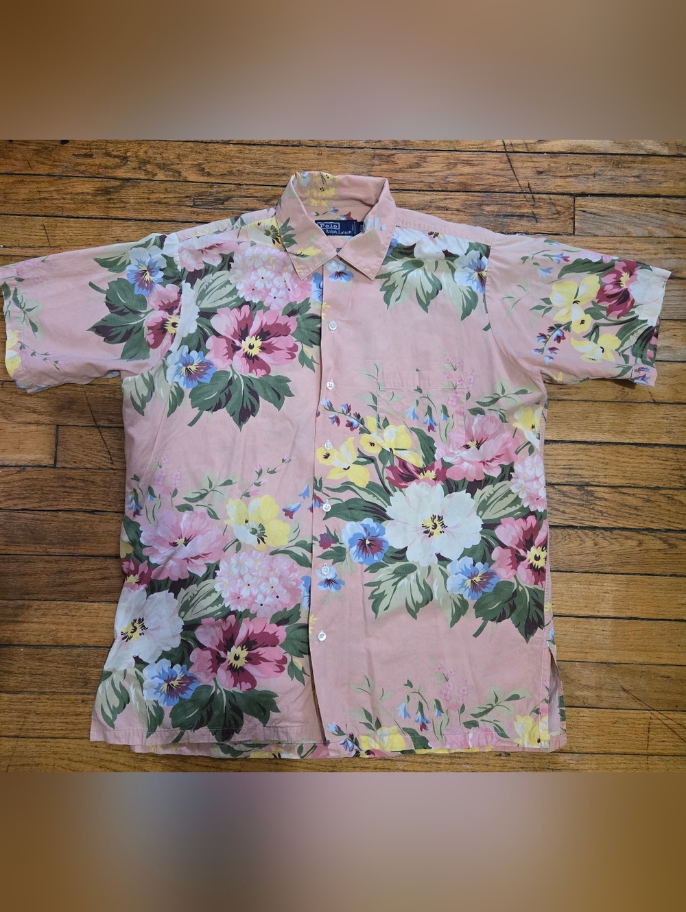 Vtg 90s Ralph Lauren Polo M Pink Floral Hawaiian Collared Button Up Shirt